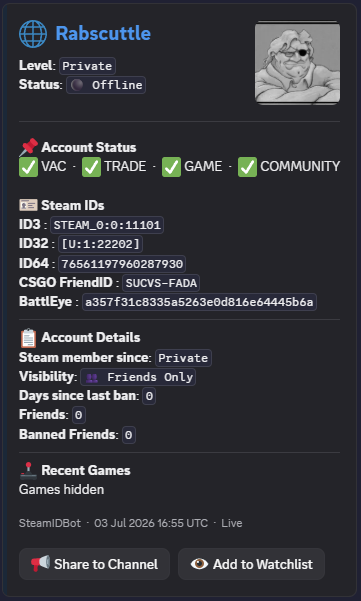 Steam Profile Lookup command preview
