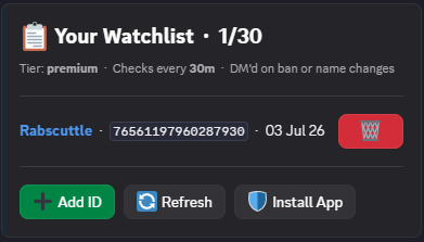 SteamIDBot /watch command โ manage your Steam profile watchlist in Discord
